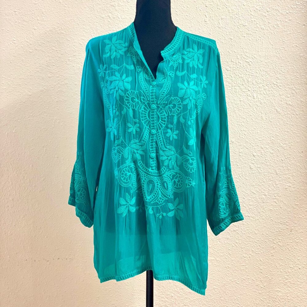 Johnny Was Lusana Turquoise Embroidered Semi-Sheer Georgette Blouse/Tunic